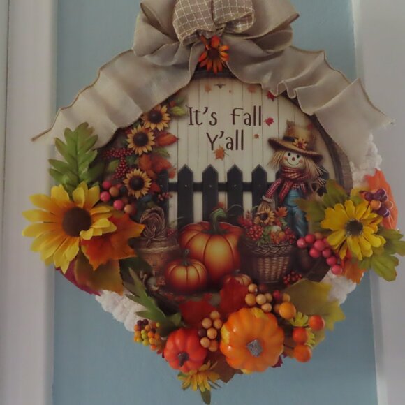 Wreath Sign It's Fall Y'all Yarn wrapped, Big Bow Autumn Decor 14” - Picture 7 of 7